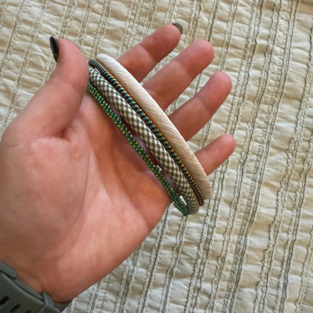 Set of 4 Skinny Headbands | Green Beaded, Plaid Fabric, Gold, Woven Multicolor
